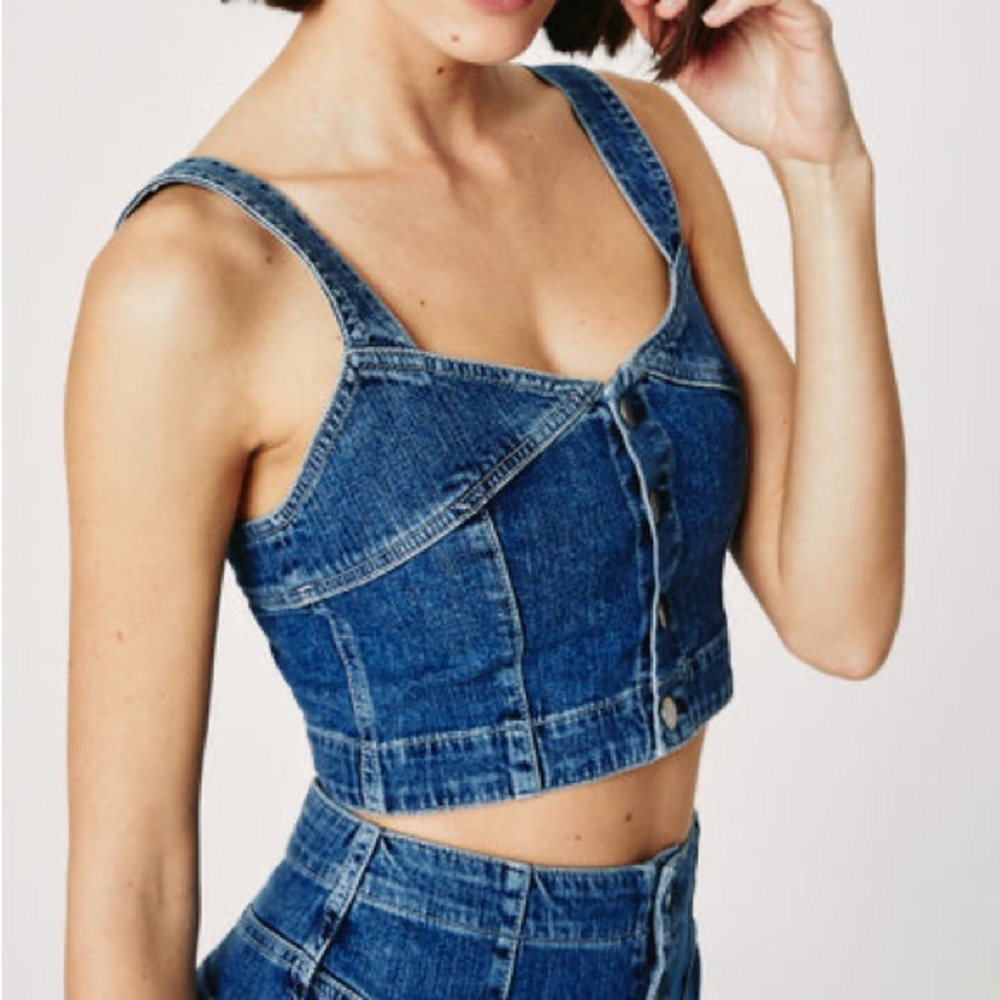 AG Adriano Goldschmied denim cropped front button tank, Sz M - Picture 3 of 16